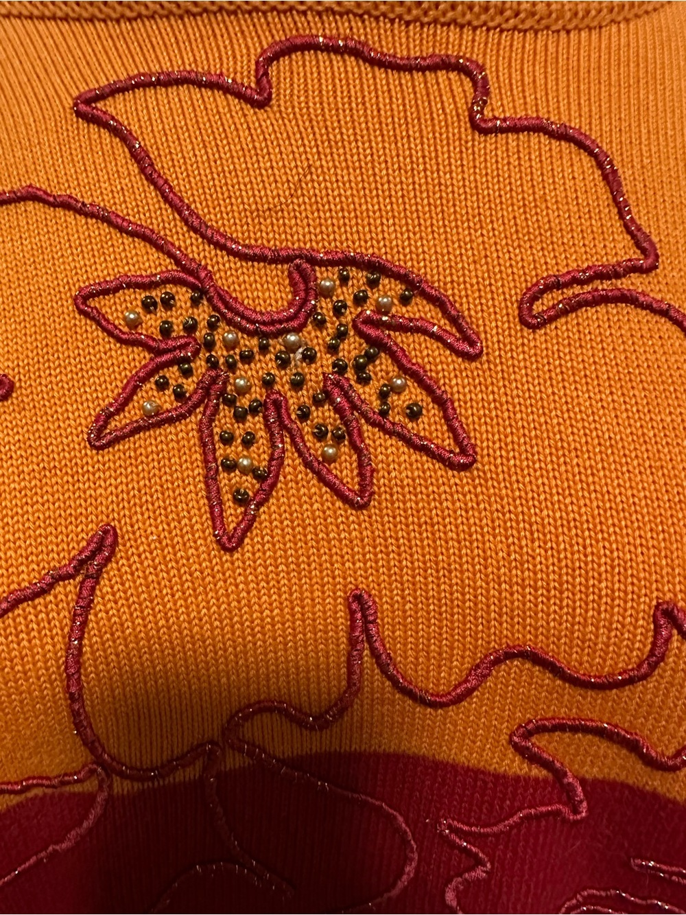 Escada Vintage Orange, Red & Brown Floral Embroidered Beaded Crewneck Sweater - Picture 6 of 12